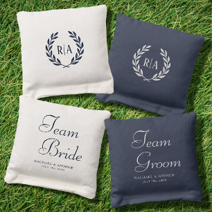Team Bride Groom Wedding Monogram Navy Cornhole Bags
