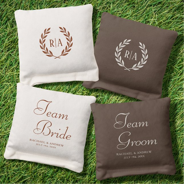 Team Bride Groom Wedding Wreath Monogram Cornhole Bags (Creator Uploaded)