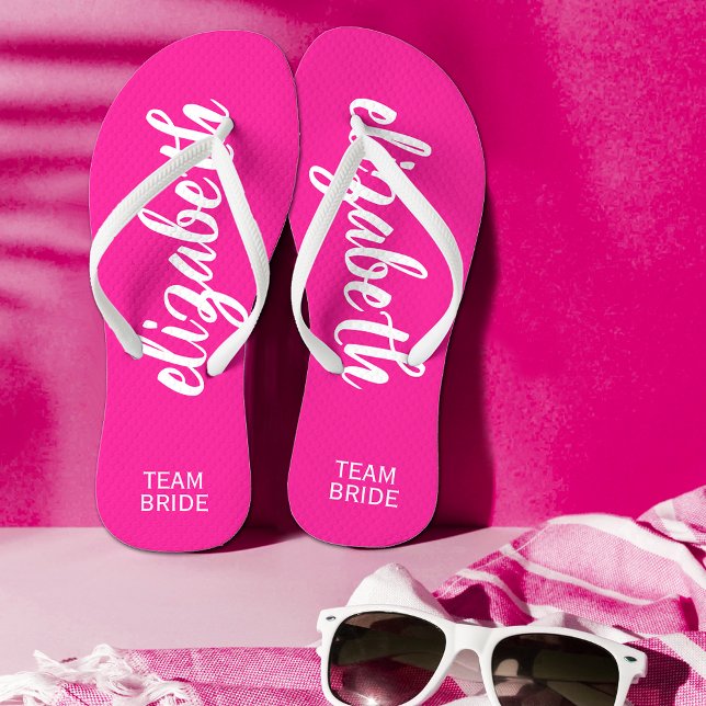 Team Bride Hot Pink and White Personalized Flip Flops (Creator Uploaded)