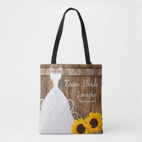 Team Bride In Rustic Wood Sunflower Style Tote Bag