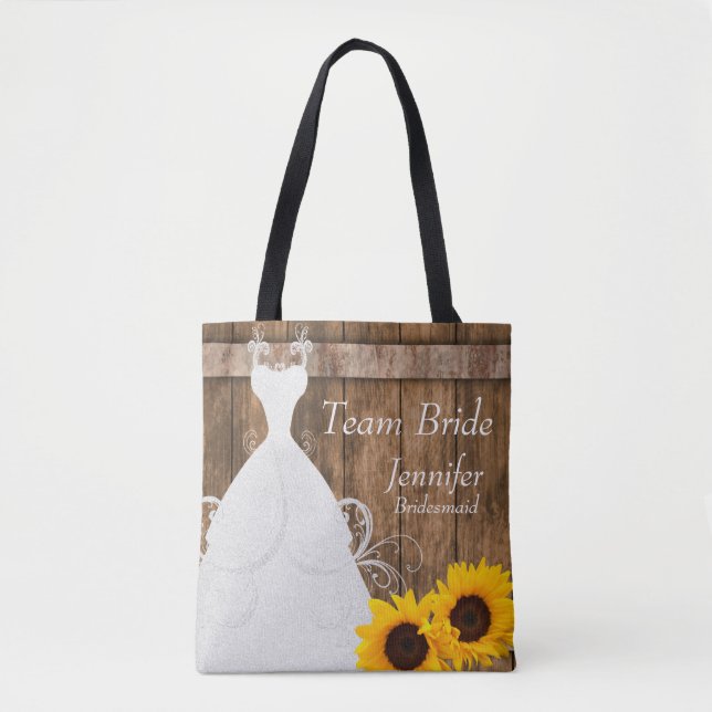 Team Bride In Rustic Wood Sunflower Style Tote Bag (Front)