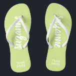 Team Bride Lime and White Personalized Flip Flops<br><div class="desc">Lime green and white - or any color - flip flops personalized with your name and "Team Bride" or any wording you choose. Great bridesmaid gift, bachelorette party, flat shoes for the wedding reception, or a fun bridal shower favor. Change the color straps and footbed, too! More colors done for...</div>