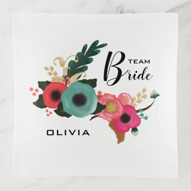 Team Bride. Modern Floral Wedding Gift Trinket Tray (Front)