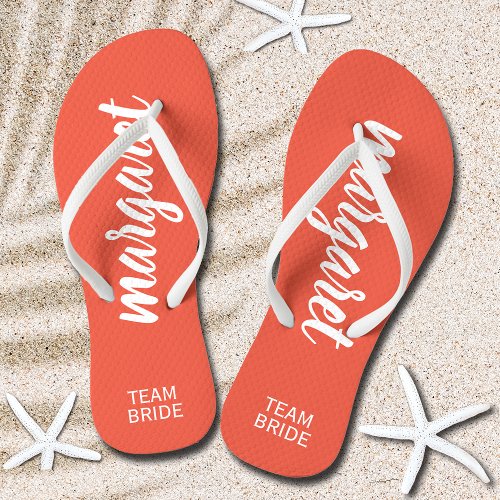 Team Bride Peach and White Personalized Flip Flops