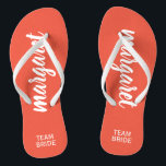 Team Bride Peach and White Personalized Flip Flops<br><div class="desc">Peach and white - or any color - flip flops personalized with your name and "Team Bride" or any wording you choose. Great bridesmaid gift, bachelorette party, flat shoes for the wedding reception, or a fun bridal shower favor. Change the color straps and footbed, too! More colors done for you...</div>