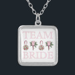 TEAM BRIDE Pink Rose Wedding Bridesmaid Necklace<br><div class="desc">Necklace features an original marker illustration of a row of wedding-themed illustrations including a boutonniere and rose bouquet,  with TEAM BRIDE in a fun font. A great bridesmaid / bridal party gift!</div>