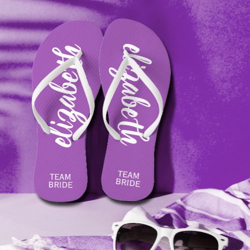 Team Bride Purple and White Personalized  Flip Flops