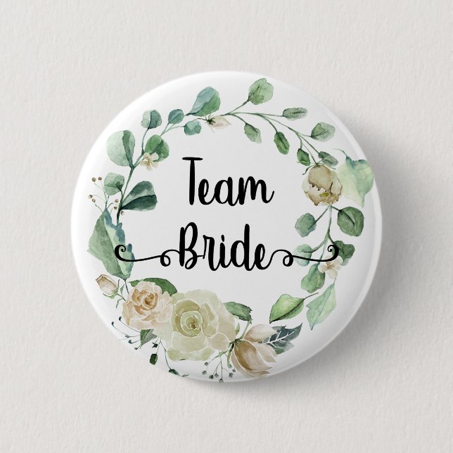 Team Bride Rose Watercolor Wreath Calligraphy chic Button (Front)
