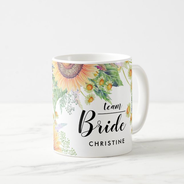 Team Bride. Rustic Sunflowers Custom Wedding Gift Coffee Mug (Front Right)