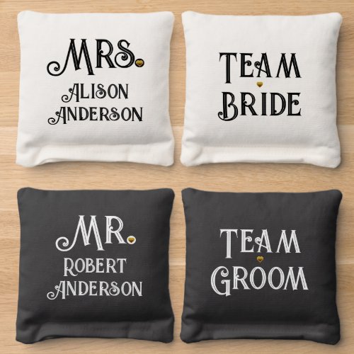 Team bride team groom black white Mr Mrs wedding Cornhole Bags