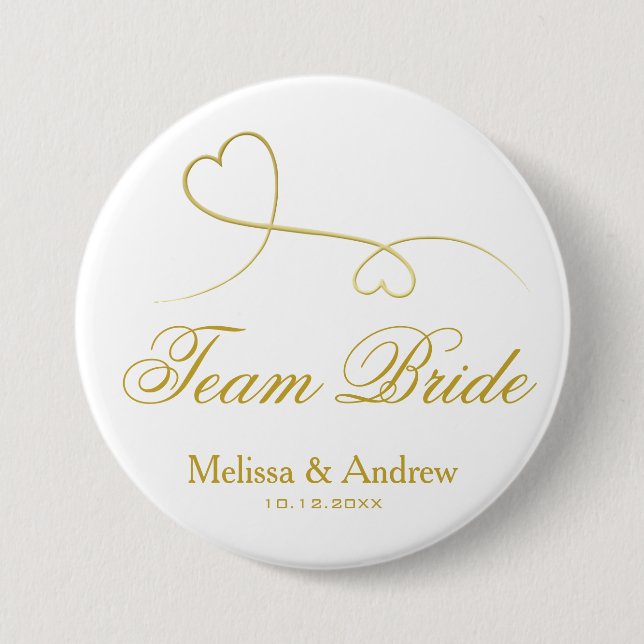 Team Bride | Two Gold Hearts Wedding / Bridesmaids Button (Front)