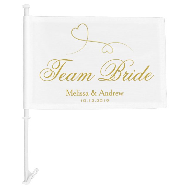 Team Bride | Two Gold Hearts Wedding / Bridesmaids Car Flag (Front)