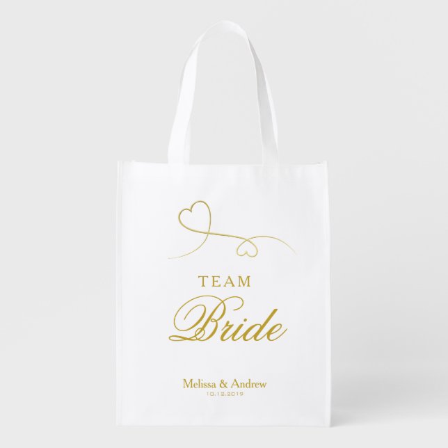 Team Bride | Two Gold Hearts Wedding / Bridesmaids Grocery Bag (Front)