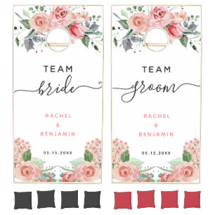 Team Bride vs Team Groom Pink Floral Boho Wedding Cornhole Set