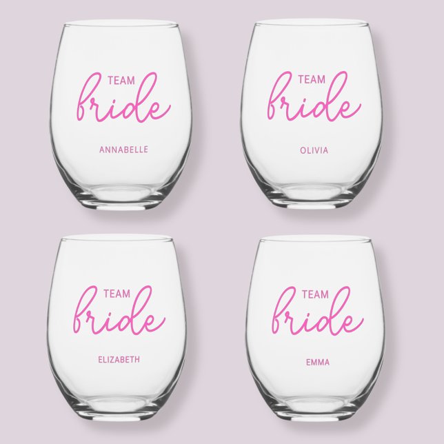 Team Bride Wedding Bachelorette Stemless Wine Glass (Modern stemless wine glasses, custom gifts for bridesmaids and bachelorette parties. )