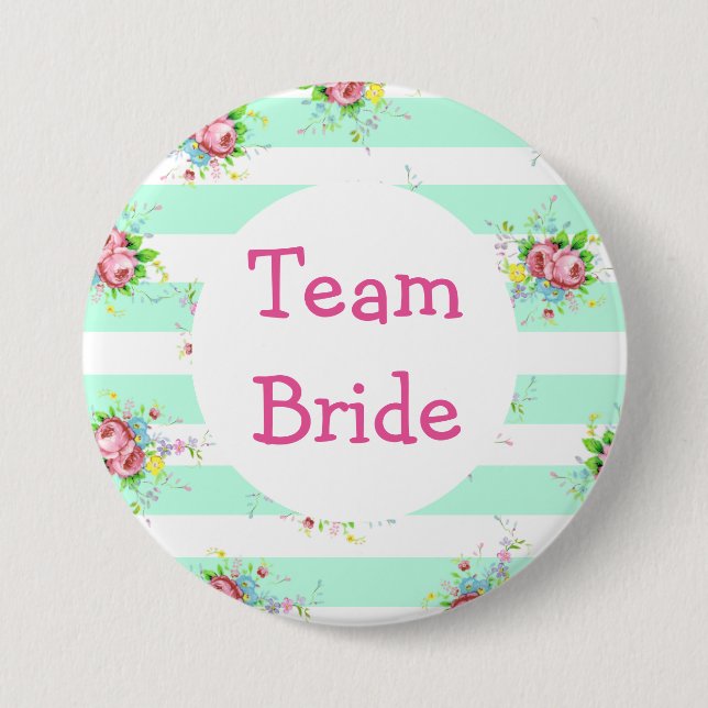 "Team Bride" Wedding Button Mint Green Floral Pink (Front)