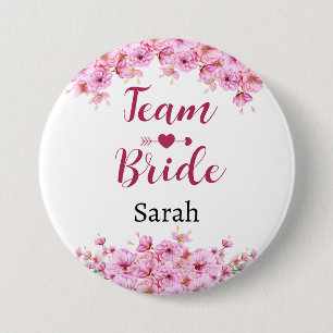 Team Bride With Custom Name Pink Flower Button