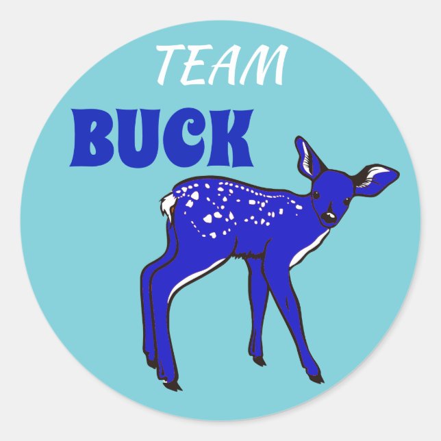 "Team Buck" Blue Gender Reveal Classic Round Sticker (Front)