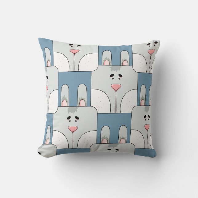 Team Bunny Face_Gray and Blue Throw Pillow (Front)