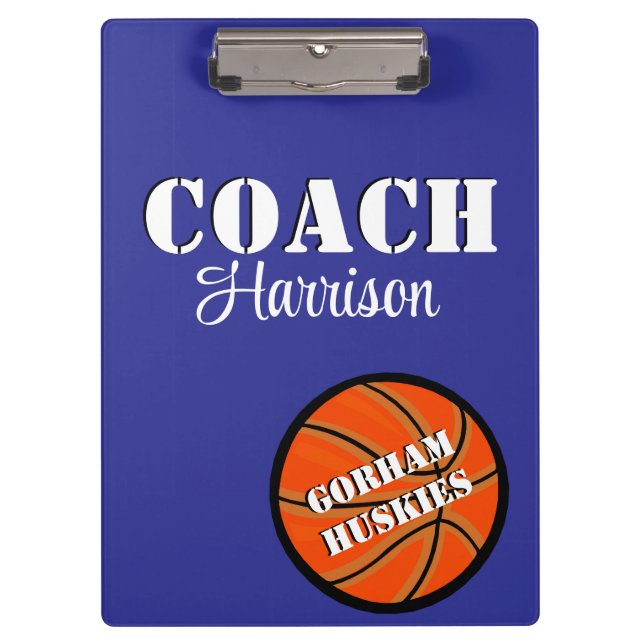Team Coach Blue and White Basketball Personalized Clipboard (Front)