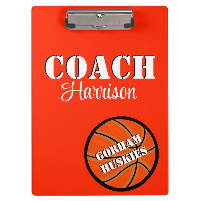 Team Coach Orange and White Basketball Personalize Clipboard (Front)