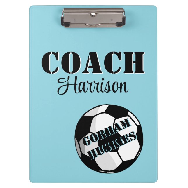 Team Coach Pale Blue and White Soccer Personalized Clipboard (Front)