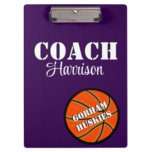 Team Coach Purple and White Basketball Personalize Clipboard (Front)