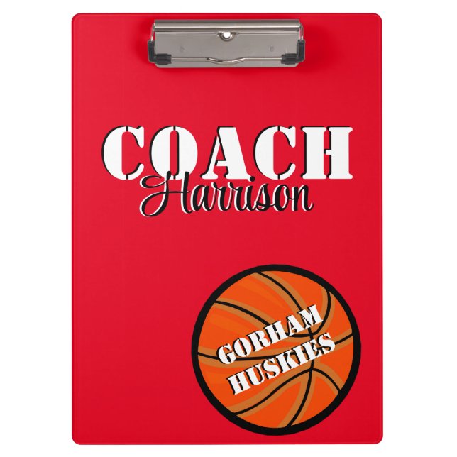 Team Coach Red and White Basketball Personalized Clipboard (Front)