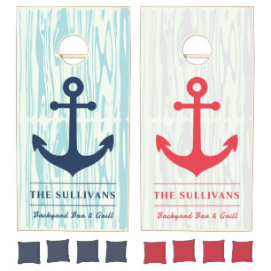 Team Color Twilight Blue Coral Pink Anchor Custom Cornhole Set