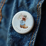 Team Cowboy Western Pink Boot Gender Reveal Button<br><div class="desc">These charming team cowboy buttons are the perfect addition to your western-themed cowgirl baby shower, combining rustic elegance with delicate artistry. At the heart of this design lies our stunning, hand-painted western blue baby cowboy boot with florals. Each detail is carefully rendered to evoke the charm and nostalgia of the...</div>