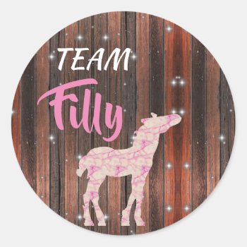 "team Filly" Pink Gender Reveal Classic Round Sticker by DakotaInspired at Zazzle