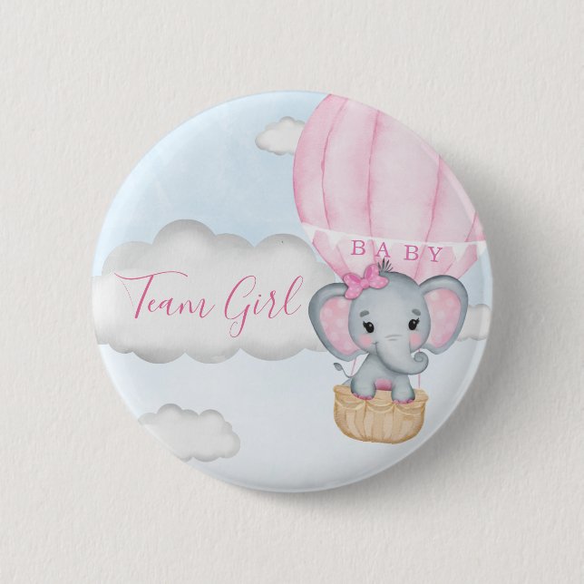 Team Girl Elephant Balloon Baby Shower Button (Front)