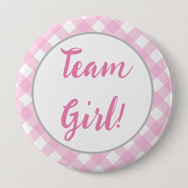 Team Girl Gender Reveal Button, Pink Gingham Plaid Button (Front)