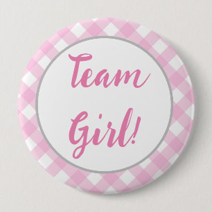 Team Girl Gender Reveal Button, Pink Gingham Plaid Button