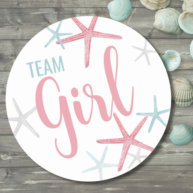 Team Girl Gender Reveal Party Classic Round Sticker (Pink & Blue Team Girl Summer Gender Reveal Party Classic Round Sticker)