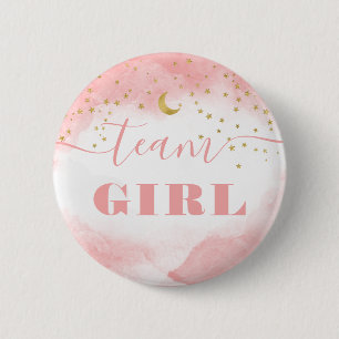 Team Girl Gender Reveal Watercolor Clouds Twinkle Button