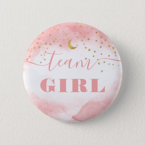 Team Girl Gender Reveal Watercolor Clouds Twinkle Button