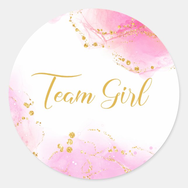 Team girl pink and gold gender revesticker classic round sticker (Front)