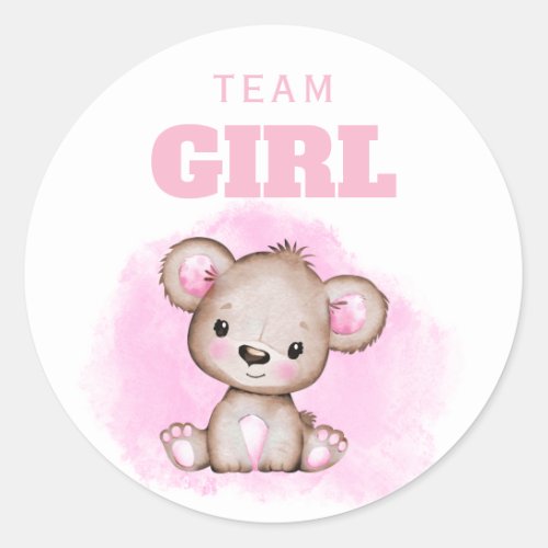 Team Girl Pink Bear Gender Reveal Classic Round Sticker