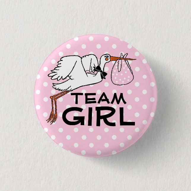 Team Girl Pink Stork Baby Shower Gender Reveal Button (Front)