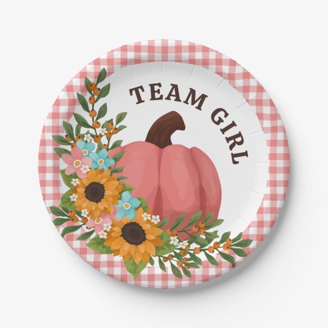 Team Girl Sunflowers Little Pumpkin Gender Reveal Paper Plates (Front)