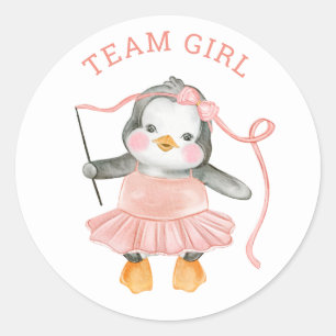 Team Girl   Watercolor Pink Penguin Gender Reveal Classic Round Sticker