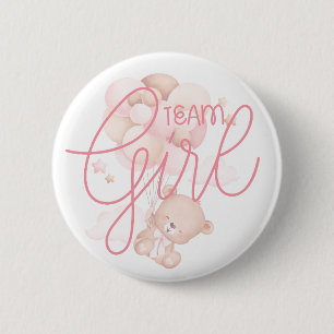 Team Girl Watercolor Teddy Bear Gender Reveal Button