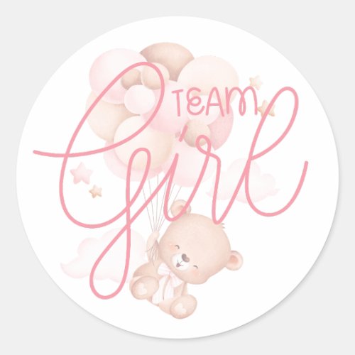 Team Girl Watercolor Teddy Bear Gender Reveal Classic Round Sticker
