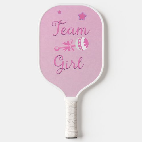 Team Girl with Baby Rattle Gender Reveal  Pickleball Paddle
