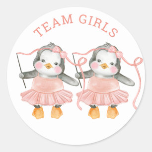 Team Girls Twin. Penguin Gender Reveal Voting Game Classic Round Sticker