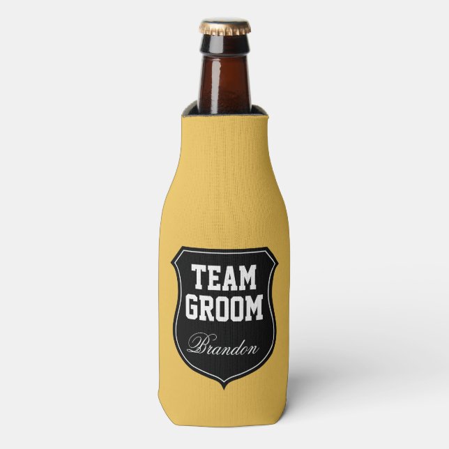 Team Groom and Bride wedding party bottle coolers (Bottle Front)
