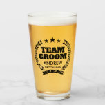 Team Groom bachelor party beer glass for groomsmen<br><div class="desc">Team Groom bachelor party beer glass for groomsmen. Vintage laurel crest design with personalized name and custom title.</div>