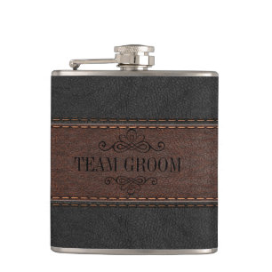 Team Groom Black & Brown Leather Hip Flask