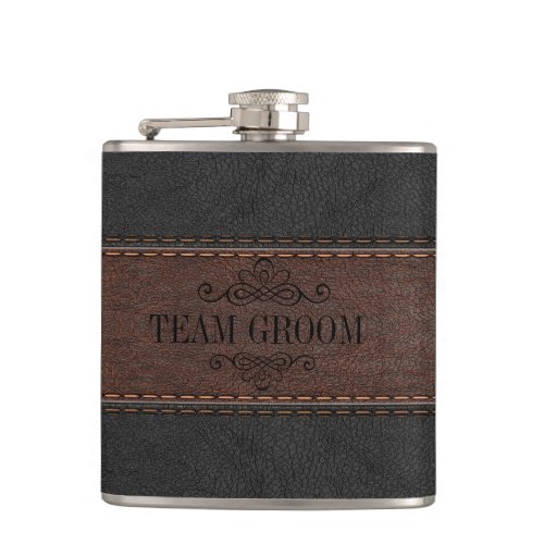 Team Groom Black  Brown Leather Hip Flask